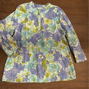Talbots L floral beaded tunic style summer blouse.